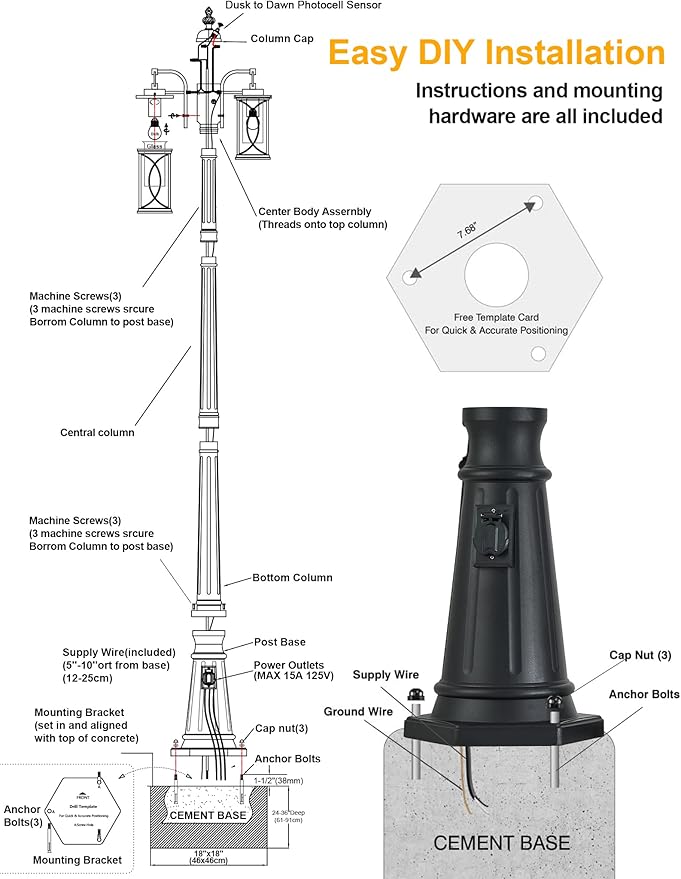 Dusk to Dawn Outdoor Lamp Post Light Modern 2-Head Street Pole Light Fixtures with Outlet, Waterproof Black Outside Street Light Electric Lantern for Backyard, Garden Patio Driveway