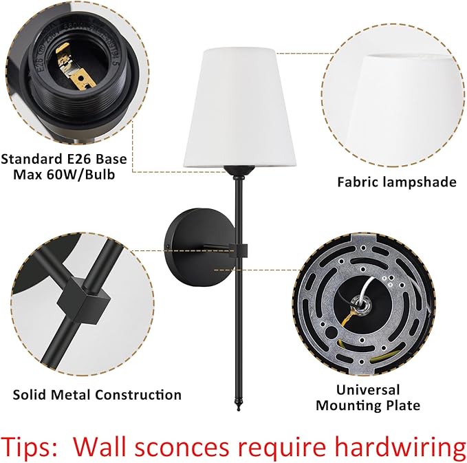 KUAUGST Wall Sconces Sets of 2, Retro Industrial Wall Lamps, Bathroom Vanity Sconces Wall Lighting with White Fabric Shade, Suitable for Bedroom Living Room Corridor Kitchen