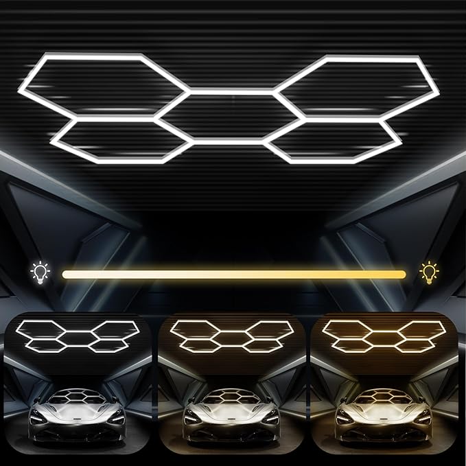 FERUERW Hexagon Garage Lights 5 Grid, 3 Color Temperature(2700/4300/6500K) Dimmable, 5 Hex Grid for Garage, Shop, Basement, Car Detailing Shop etc. with Mounting Clip