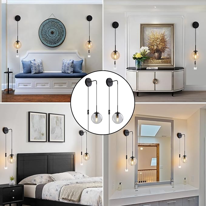 KUZZULL Wall Sconces Set of Two Black Plug in Wall Sconces Set of 2 with Globe Clear Glass Shade Wall Lights Wall Lamps for Bedrooms Sconces Wall Decor Set of 2 with Plug in Cord Switch for Bedside