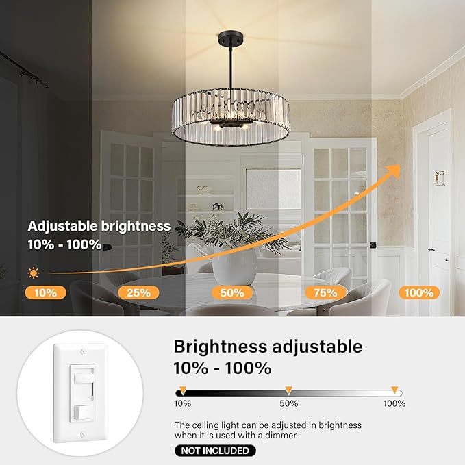 Black Crystal Ceiling Light Fixture, Modern Semi Flush Chandelier, Round Hanging Lighting Chandeliers for Dining Room, Kitchen, Bedroom, 6-Light, 19.68 Inch