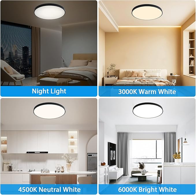 19.7 Inch Round LED Ceiling Light Fixture, 36W Dimmable Flush Mount Ceiling Lights with Remote, Modern Black Ceiling Light Fixture for Bedroom, Kitchen