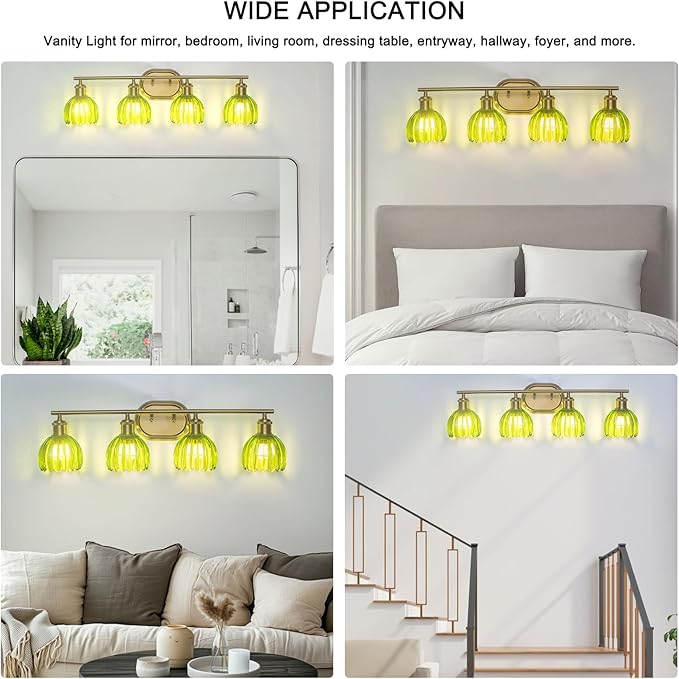 Gold Bathroom Light Fixtures, 4-Light Vanity Lights for Bathroom with Ribbed Green Tulip Glass Shade, Brass Wall Scone Lighting Over Mirror for Farmhouse,Bedroom,Living Room,Hallway