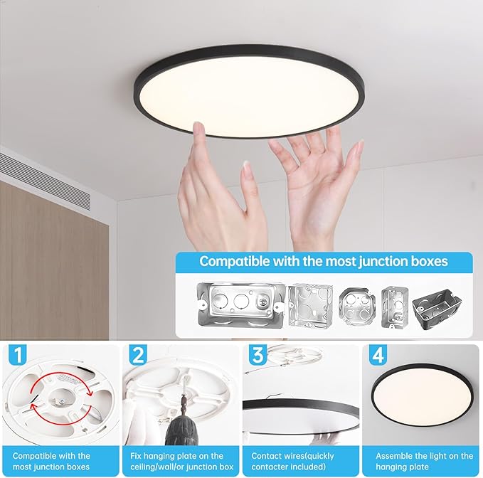 6PK 15.8 Inch Dimmable Flush Mount LED Ceiling Light Fixture, 32W,3200LM,3000K/4000K/6000K CCT Selectable,0.67 inch Super Slim LED Ceiling Light for Bedroom,Hallway,Kitchen,Black