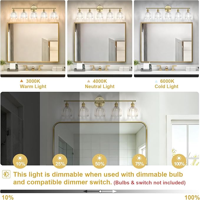 Vintage Bathroom Light Fixtures,5-Light Hardwired Vanity Lights with Clear Tulip Glass Shade,Gold Bathroom Vanity Light for Mirror Restroom,E26 Socket,33.46 in(Bulbs Not Included)