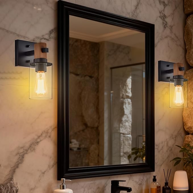 Rustic Wall Sconces,Hardwired 1-Light Farmhouse Sconce with Clear Glass Cylinder Shade,Matte Black Metal & Wood Wall Light,E26 Indoor Bathroom Vanity Fixture for Mirror,Bedroom,Hallway