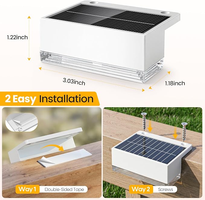 JOFIOS Solar Deck Lights 8 Pack, 3 Color Modes Soft Warm/Natural/Cool Glow, IP65 Waterproof Step Lights for Outdoor Ambiance, Solar Lights for Fence, Deck, Railing, Patio & Backyard Decor (White)