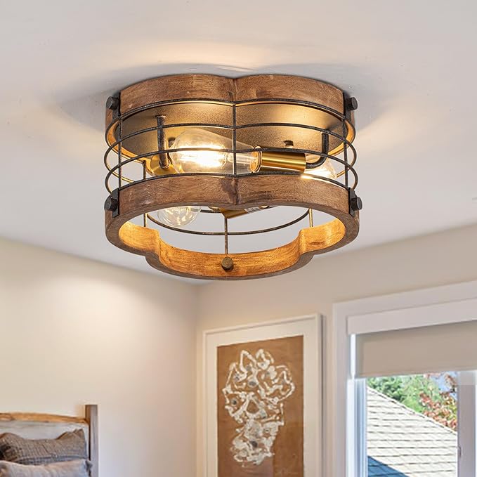 Farmhouse Flush Mount Ceiling Light, 12.2 Inch 3-Light Metal and Wood Close to Ceiling Light Fixture, Rustic Drum Semi Ceiling Light for Kitchen, Dining Room, Living Room, Hallway, Entryway