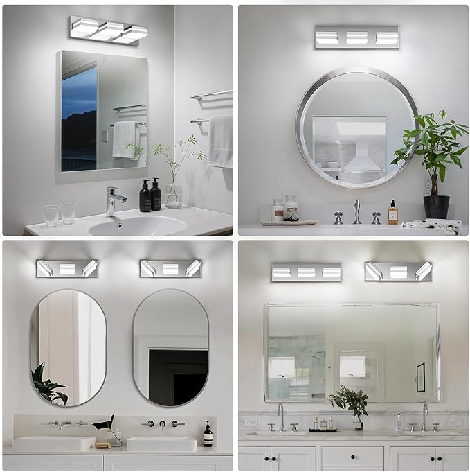 Modern LED Small Bathroom Lights Fixtures 3-Light,Stainless Steel Chrome Acrylic Wall Lighting,Vanity Lights for Bathroom Over Mirror 6000K 16in