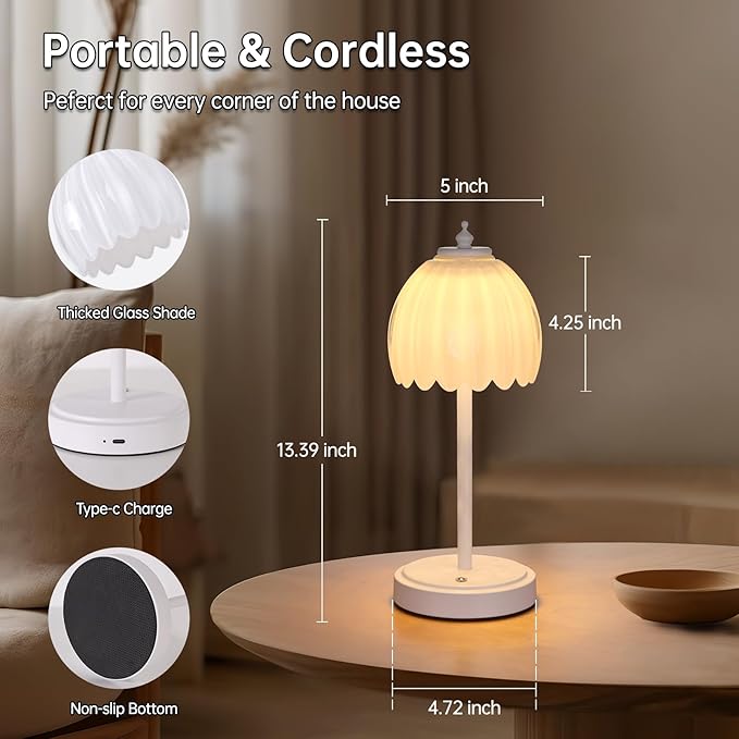 Shenmoyl Tulip Table Lamp with 5200mAh Battery & Touch Control, Cordless Small Table Lamp with 3 Colors, Dimmable Rechargeable Table Lamps for Living Room, Bedroom, Bedside (White Tulip & White Base)