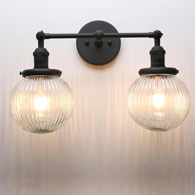 PERMO 2 Lights Sconce Industrial Wall Sconce Lighting with Ribbed Globe Glass Lampshade Vintage Double Sconce Hardwired Wall Sconce with Switch