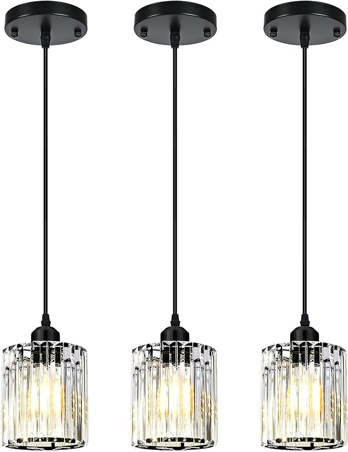 3 Pack Pendant Lights Kitchen Island, Elegant Modern Island Lights for Kitchen with Crystal Glass – Luxury Black Pendant Lights for Kitchen Island, Dining Table, Entryway, Restaurant