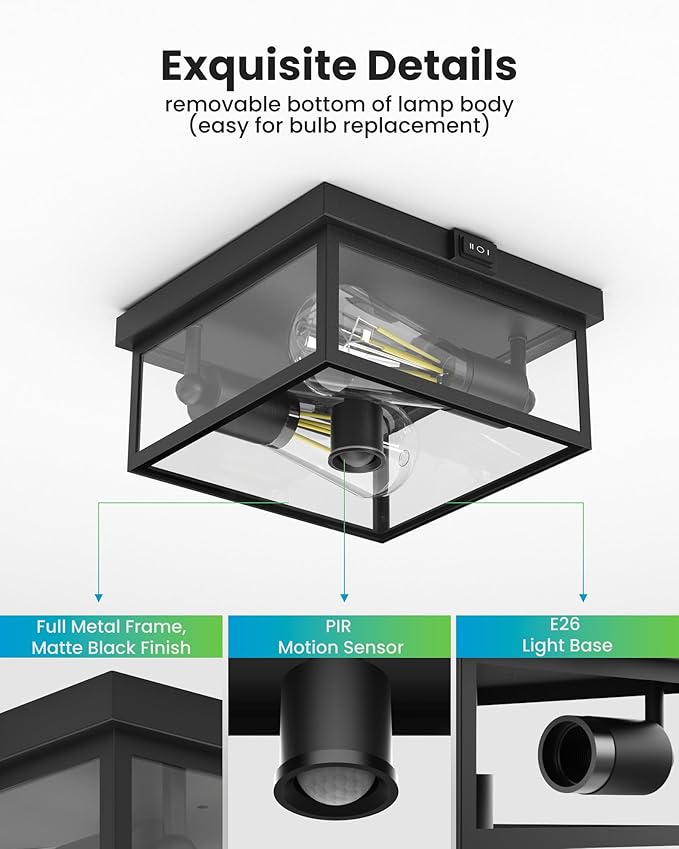 Outdoor Ceiling Light with Motion Sensor 12'', Flush Mount Porch Light, Exterior Light Fixture with Clear Glass, Dusk to Dawn 2-Light Fixture for Patio,Porch