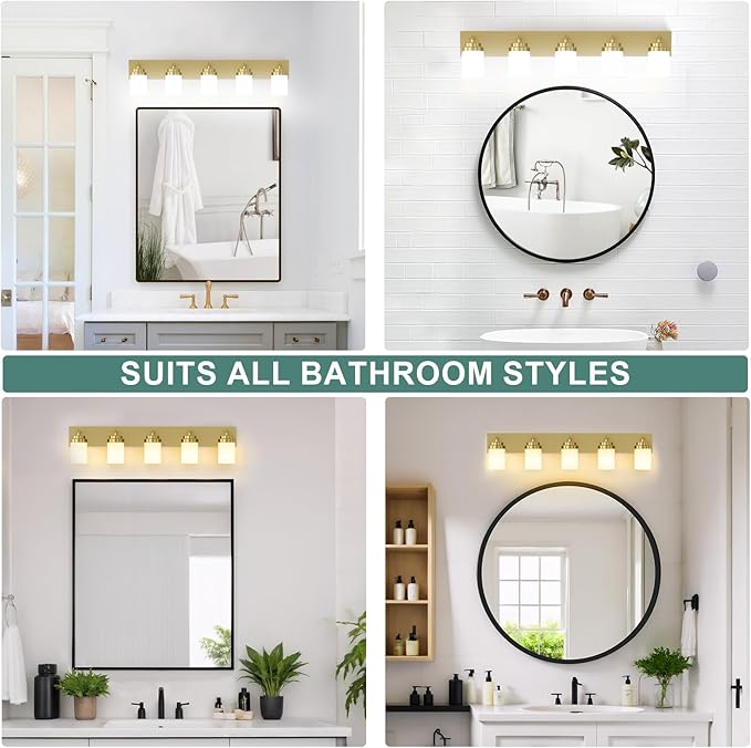 IZORRO Bathroom Vanity Light Fixture, 5-Light 36 Inch Gold Bathroom Light Fixtures Over Mirror, with White Glass Shade, Modern Farmhouse Vanity Lights, Rustic Restroom Lighting Fixtures