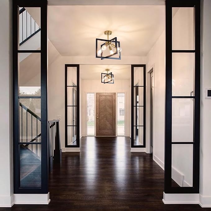 Farmhouse Industrial Ceiling Light Fixtures, 4-Light Vintage Modern Rectangle Black Gold Flush Mount Light Fixture with Rotatable Metal Square Frame for Kitchen Hallway Entryway Foyer Living Bedroom
