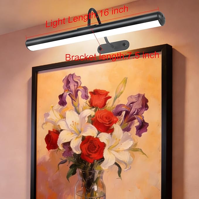 Set of 2 Picture Lights with Timer Dimmer, Painting Light with Remote Rechargeable Battery ,Wall Art 3 Lighting Colors Temps,16inch Full Metal Over Picture Painting Frame Dartboard Gallery Hallway