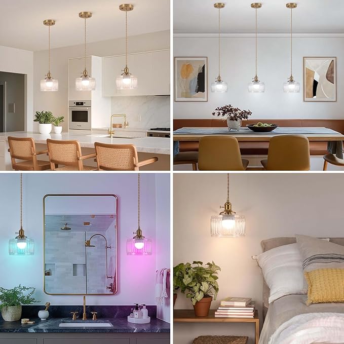 Battery Operated Pendant Light,Vintage Light Fixtures 2500mAh 6.6in RGB Light Bulb with Remote Control Wireless Adjustable Rechargeable Chandelier for Kitchen Island Hallway 1Light