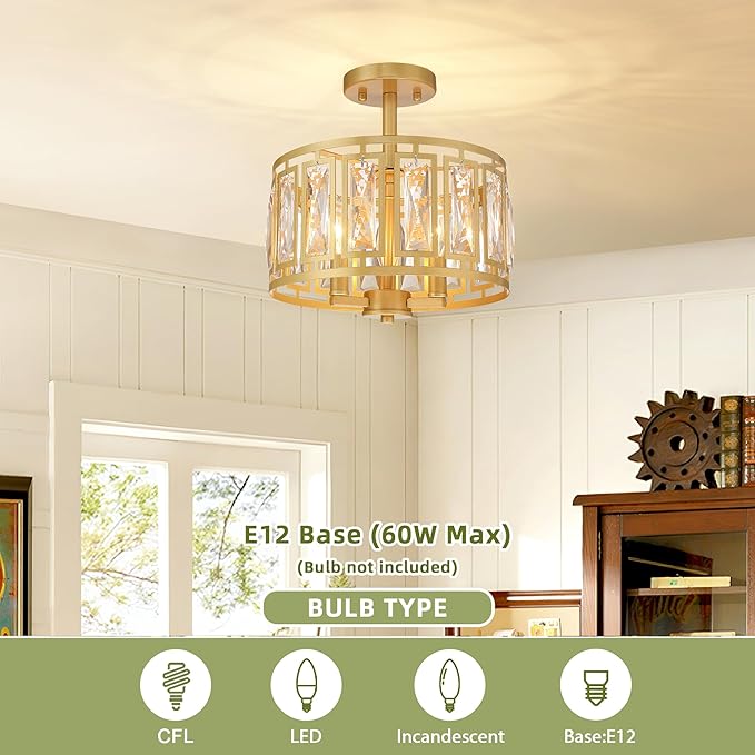 Gold Semi Flush Mount Ceiling Light, 3-Light Modern Brass Ceiling Fixture with K9 Crystals, Bedroom Light Fixture, Semi Flush Mount Ceiling Lights