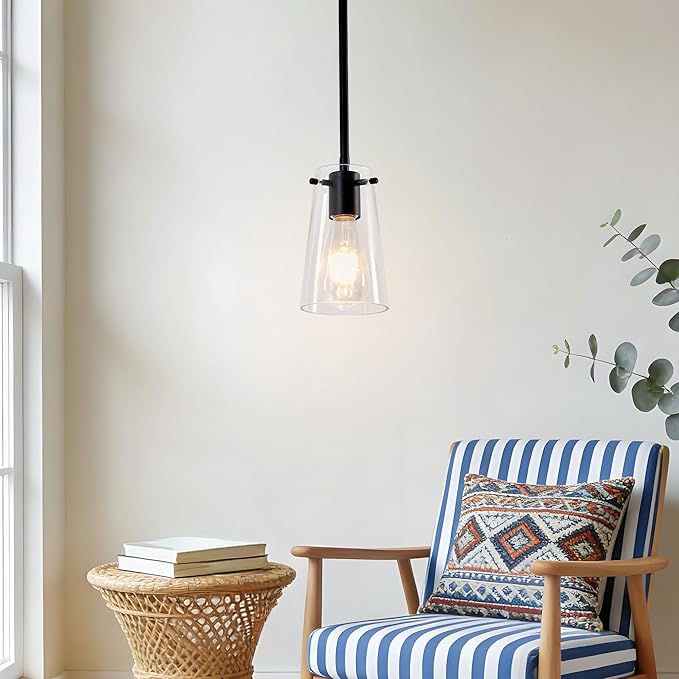 Pendant Light Fixtures, Matte Black Kitchen Ceiling Lights, Clear Glass Pendant Lights for Kitchen Island