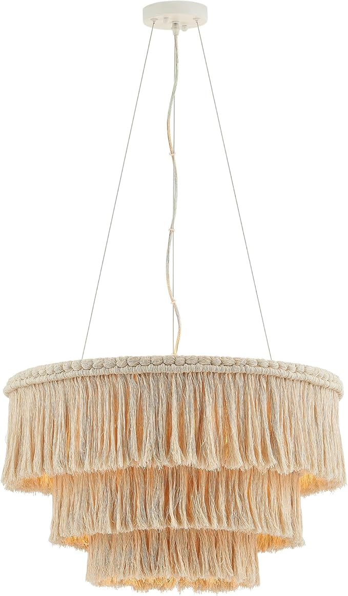 24” Fringe Chandelier with Tassels 3-Tier Boho Hand Woven Pendant Light for Dining Room Kitchen Island Living Room Foyer, UL Listed