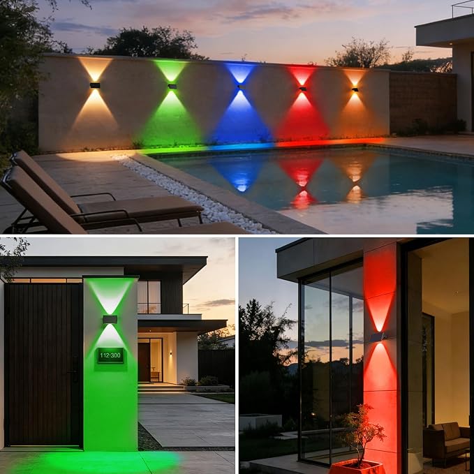 Solar Fence Lights Outdoor, 4 Pack White & RGB Up and Down Solar Wall Lights, IP67 Waterproof LED Dusk to Dawn Solar Powered Fence Lights for Patio, Backyard, Deck, Garden, Yard, Outdoor Wall Decor