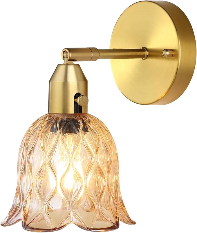 Vintage Wall Sconces - Hardwired Wall Lights with Amber Tulip Glass Shade,Brass Wall Lamps for Bathroom Bedroom Stairway Bathroom Living Room Corridor(Bulbs Not Included,E26 Socket)