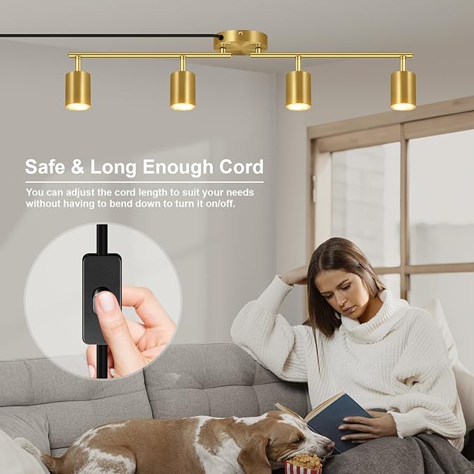 Track Lighting Plug in, LED Track Lighting Fixtures Ceiling Kit, Gold 4-Light Ceiling Light Plug-in, Wall Light with 14.8ft Power Cord, Rotatable Kitchen Spotlight for Bedroom(GU10 Socket, NO Bulb)