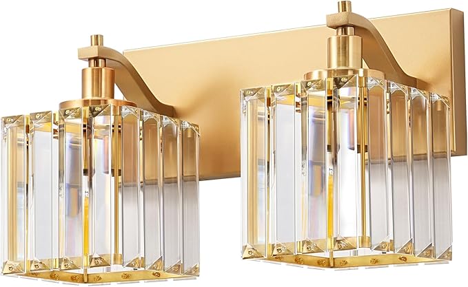 EDISHINE Bathroom Vanity Light, Modern Bathroom Lighting Fixtures, 2 Light Crystal Vanity Lights Over Mirror, Brass Bath Wall Sconce Lamp for Powder Room, Makeup, E26 Base, Gold