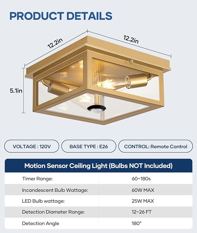 Lynnoland Motion Sensor Outdoor Ceiling Light with Remote, 12.2 Inch Gold Flush Mount Porch Light Fixture with United Glass Cover, 5 Modes Outside Flush Mount Light for Porch, Garage, Patio, Entryway