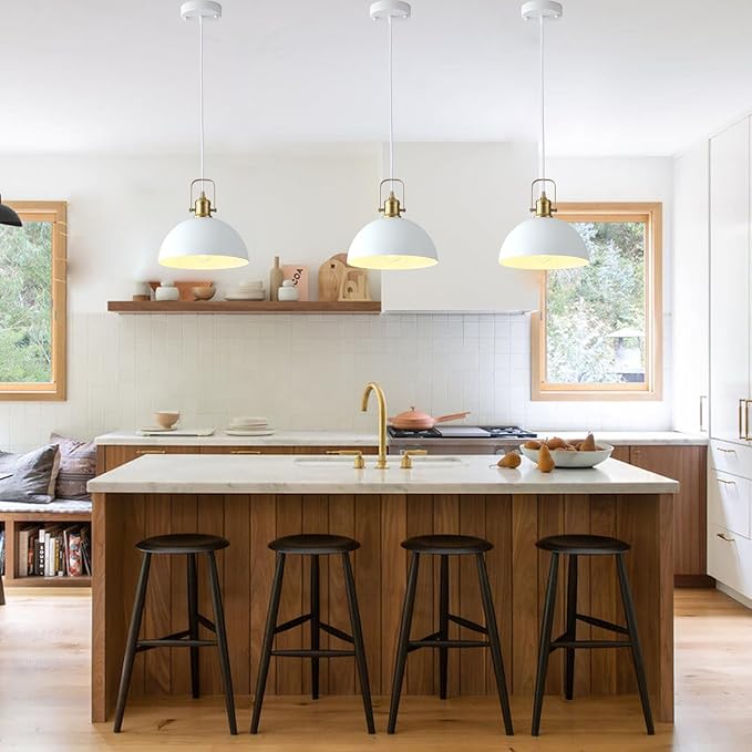 Plug in Pendant Light, Matte White and Gold Finish Haning Light with 19.68 Ft Cord, Dimming Switch, Metal Farmhouse Hanging Lamps for Living Room, Kitchen, Dining Room, Bedroom 9.84"