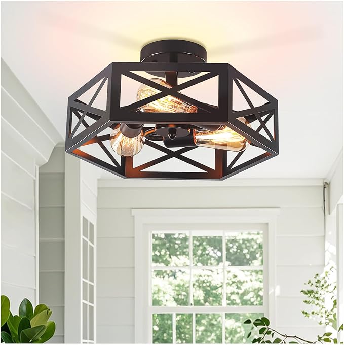 Semi Flush Mount Ceiling Light, Black 3-Light Fixtures Ceiling Mount with Hexagon Cage, Metal Industrial Close to Ceiling Light for Hallway, Kitchen, Bedroom (Black, 14.56''L)