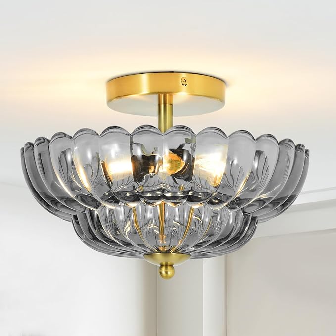 11.8 inch Kitchen Ceiling Light, 3-Light Semi Flush Mount Ceiling Lamp with Flower Glass, Modern Close to Ceiling Light Fixtures for Bathroom Bedroom Hallway Entryway, Smoky Grey