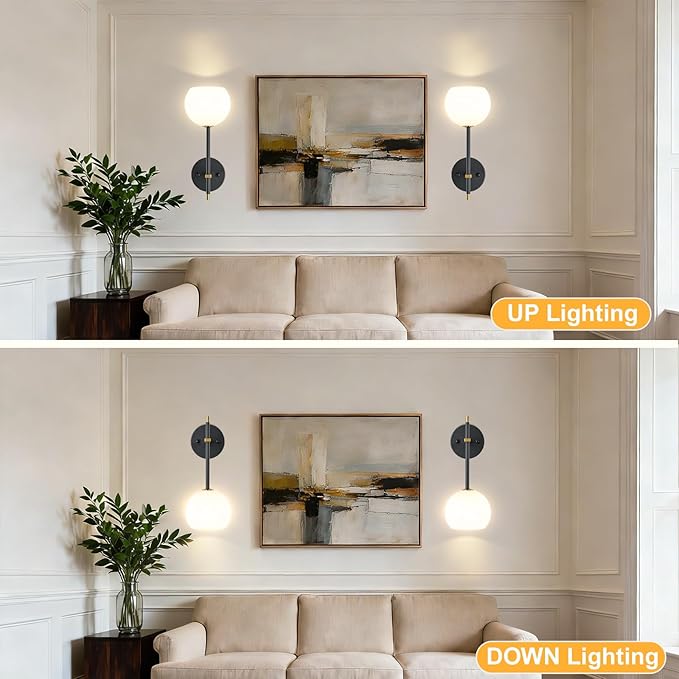 Black and Gold Battery Operated Wall Sconces Set of 2, Wireless Rechargeable Wall Light Fixtures for Home Decor, 12 RGB and 3CCT Dimmable Wall Lamps with Remote for Bedroom Living Room Hallway