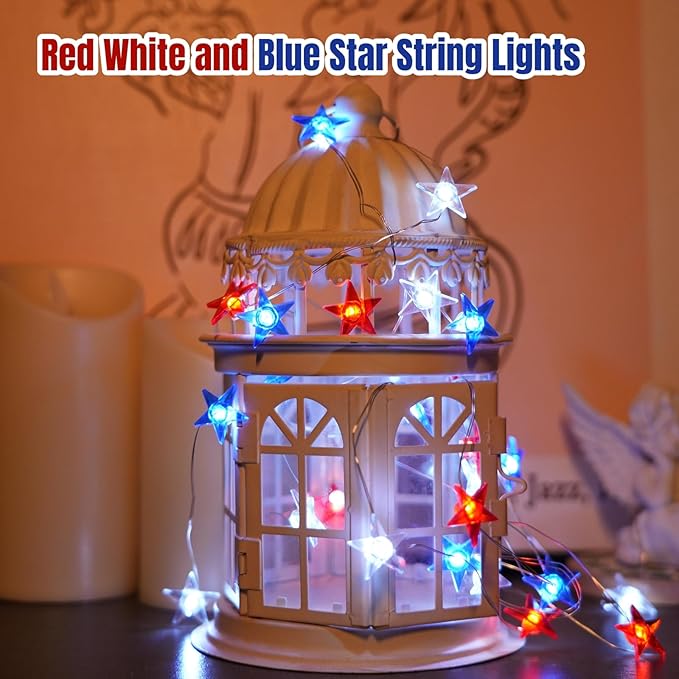 4th of July Decorations, 10ft 30 LED Twinkle Red White and Blue Star String Lights Battery Operated, Patriotic Decorations for Memorial Independence Day Party Golfcart Fourth of July (White Light)