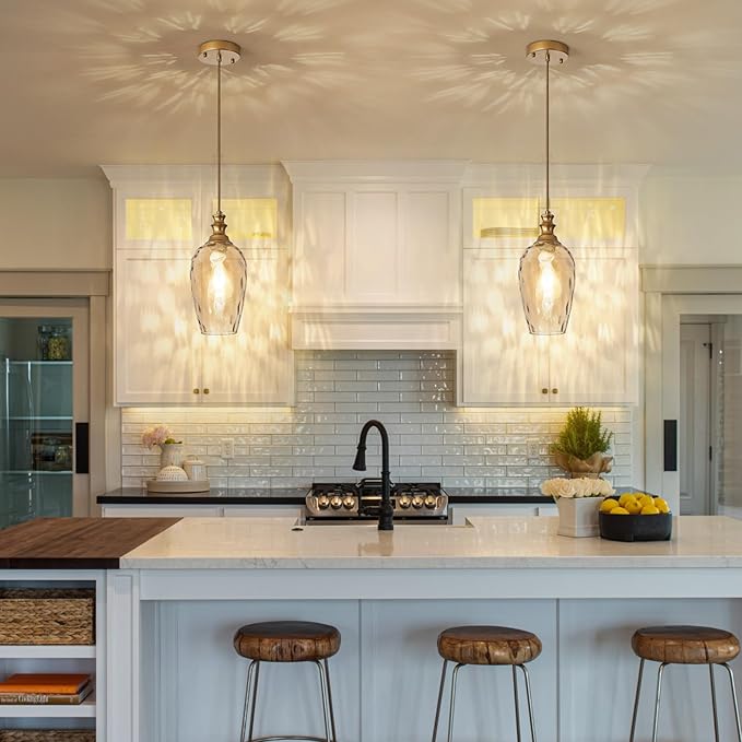 Pendant Lights Kitchen Island, Gold Pendant Light Fixtures Hanging Light Fixture Transparent Water Ripple Glass Lamp Shade Island Lights for Kitchen Living Dining Room Farmhouse Pendant Light