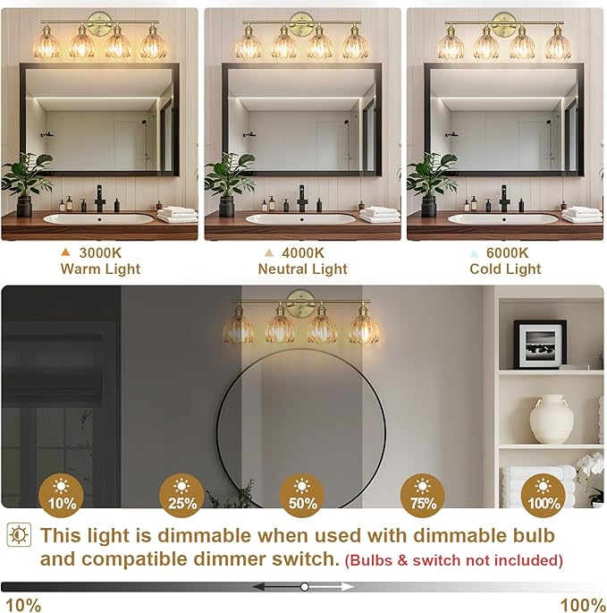 Vintage Bathroom Light Fixtures,4-Light Hardwired Vanity Lights with Amber Tulip Glass Shade,Gold Bathroom Vanity Light for Mirror Restroom,E26 Socket,25.2 in(Bulbs Not Included)
