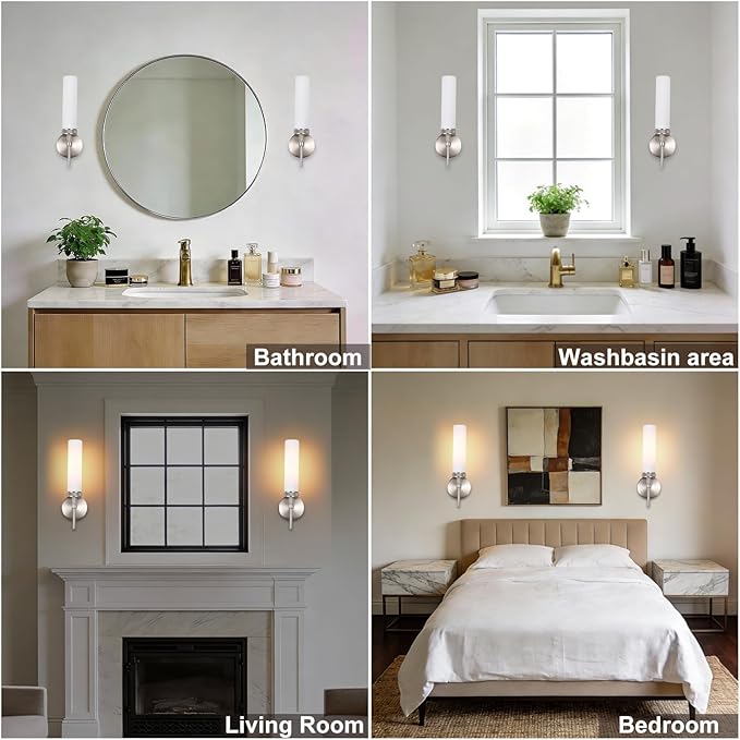 LaLuLa Wall Sconce Set of 2, Brushed Nickel Vanity Light for Bathroom, Knurled Detail, Frosted Glass Cylinder Shade, E26 Base, Hardwired, Up or Down Mount, for Hallway, Bedroom, Living Room