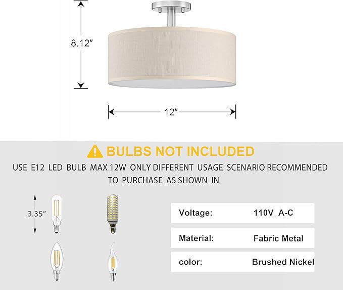 3 Light 12 Inch Semi Flush Mount Close to Ceiling Light Fixture,Off White Fabric Shade Brushed Nickel Finish for Bedroom,Living Room,Dining Room Hallway