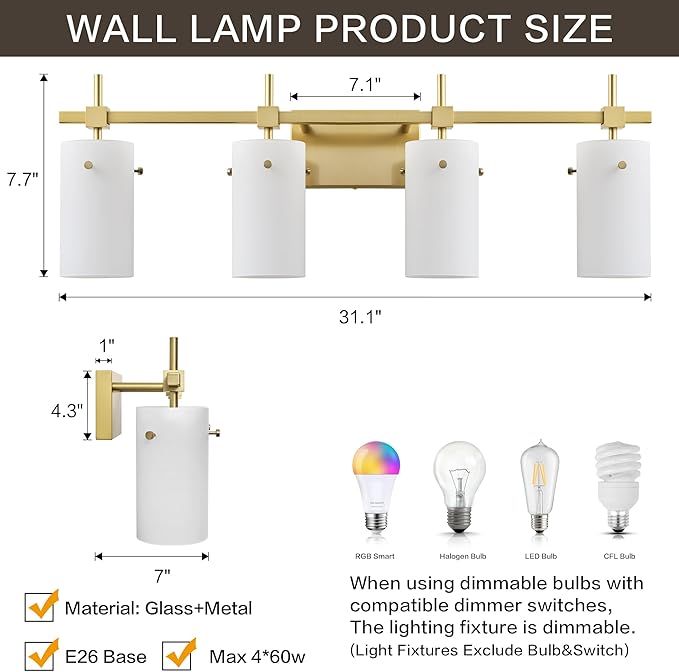 SOLFART Bathroom Light Fixtures, 4 Light Vanity Lights for Bathroom, Gold Wall Light with Milky White Glass for Mirror, Living Room, Hallway, Cabinet, E26 Base (Bulbs Not Included)