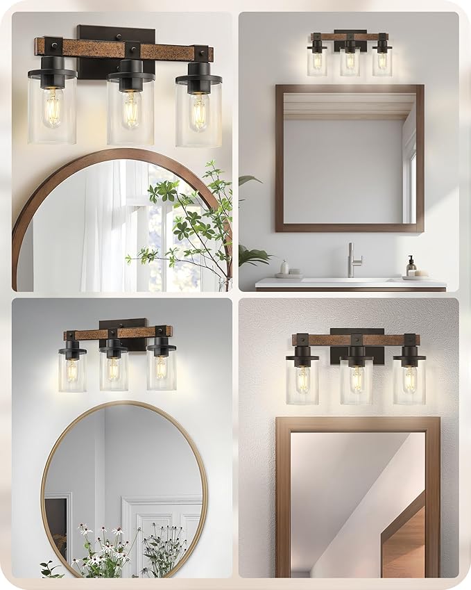 3-Light Bathroom Light Fixture, Farmhouse Vanity Lights for Bathroom with Glass Shade, Rustic Bathroom Light Fixtures, E26 Base F08BD05