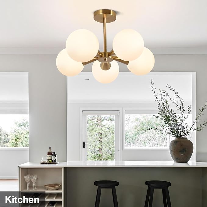 Bektas 5-Lights Semi Flush Mount Ceiling Light Fixture Brushed Gold Light Fixture Straight Bar Modeling with Milk Glass Globe for Bedroom,Living Room, Dinning Room Foyer Hallway