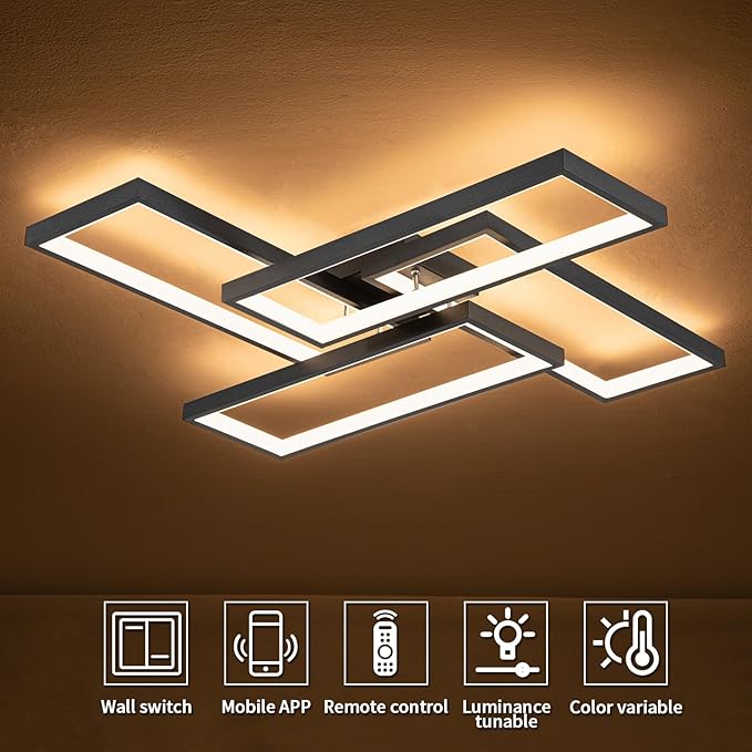 Shine LUEST Modern LED Ceiling Lights for Bedroom 26" Dimmable Square Ceiling Lights for Living Room with Remote Control Black Bedroom Light Fixture for Kitchen,Bathroom,Balcony