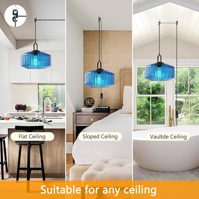 Plug in Glass Pendant Light Corded Pendant Light with Plug in Cord Large Glass Hanging Lamp Plug in Ceiling Pendant Lights Stripe Blue Light Fixtures for Kitchen Sink Living Room