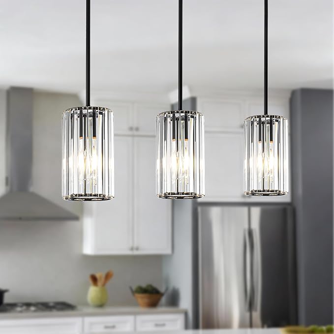 3 Pack Black Modern Crystal Pendant Lights, Hanging Light Fixtures Mini Kitchen Island Pendant Lights Adjustable Crystal Chandelier Fixture for Island Dining Room Hallway Bedroom