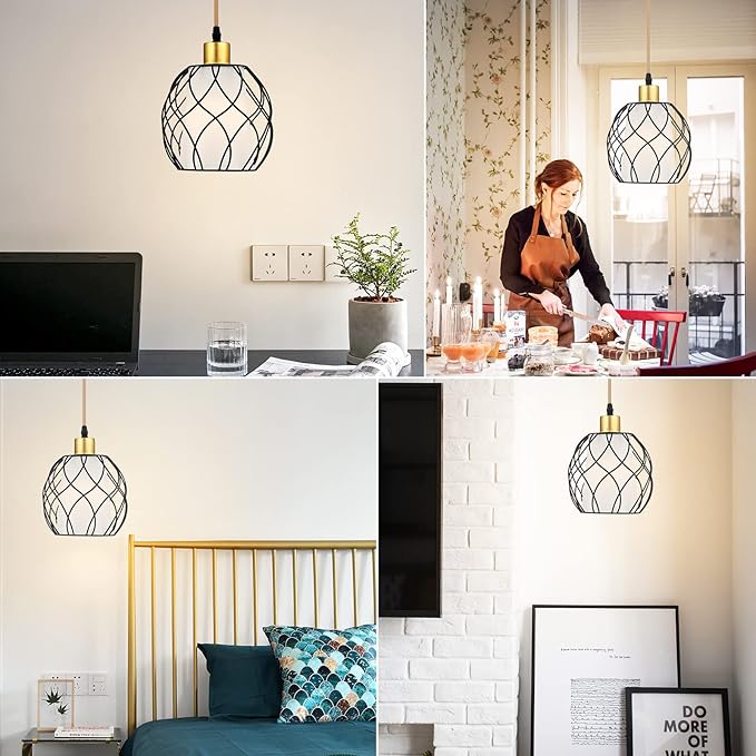 Ruzectt Plug in Pendant Light,Hanging Light with Plug in Cord,Black Hanging Lamp with Dimmable Switch,15 ft Golden Cotton Cord,Hanging Light Fixture for Kitchen Living Room Bedroom (Bulb Included)