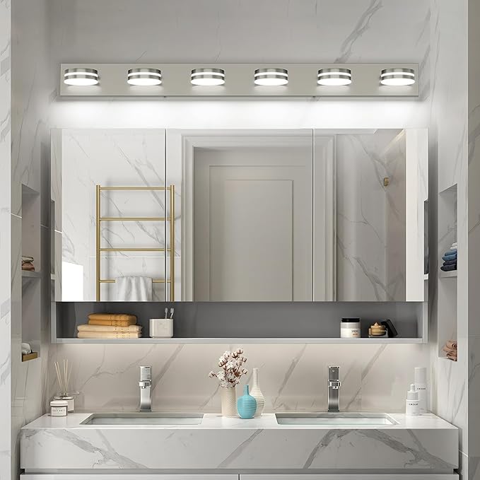 6-Light Nickel Bathroom Vanity Light Over Mirror, LED Vanity Lighting Fixtures, Modern Bathroom Wall Light Fixtures with 360°Rotating Lamp Head (Cool White 5500K)