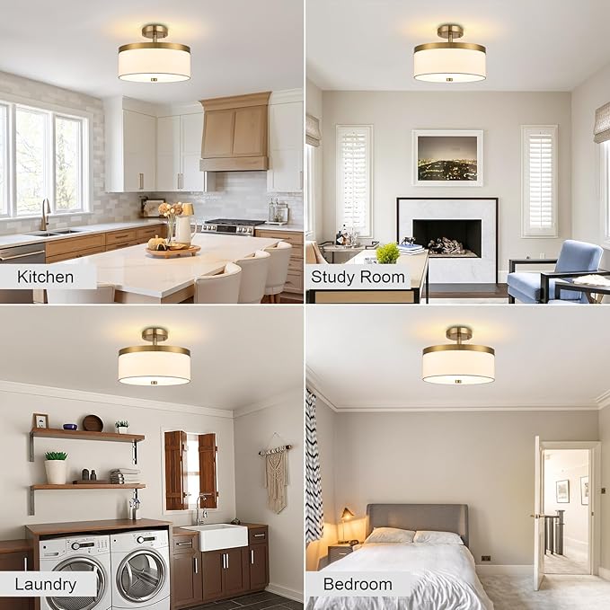3-Light Flush Mount Ceiling Light,12”Close to Ceiling Light Fixture, Modern Gold Ceiling Light with White Fabric Shade Design for Hallway,Bedroom,Entryway or Laundry