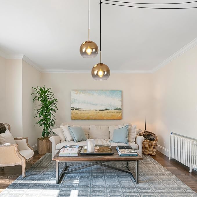 KCO Lighting Mid Century Modern Plug in Pendant Light Gold Glass Globe Pendant Lighting with Adjustable Cord Large Hanging Light Fixture with Plug in Cord for Kitchen Island Dining Room (25cm)
