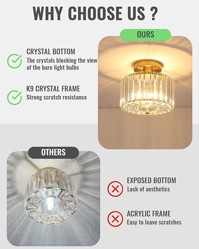 Small Crystal Ceiling Light, Modern Mini Flush Mount Crystal Chandelier, Gold Small Chandelier Light Fixture, Entryway Lighting Fixture for Kitchen Hallway Laundry Room, 1-Light, SF004-1-G