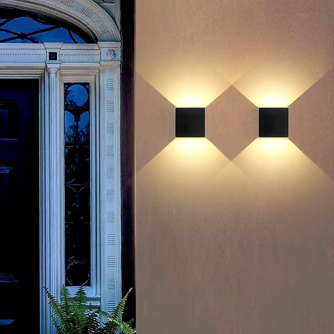 Mille Lucciole 2 Pack LED Outdoor Wall Lights Exterior/Interior, Up and Down Lights IP65 Waterproof Wall Sconces, Square Aluminum Outdoor Wall Lighting Fixtures, Modern Black 12W 3000K Warm Lights